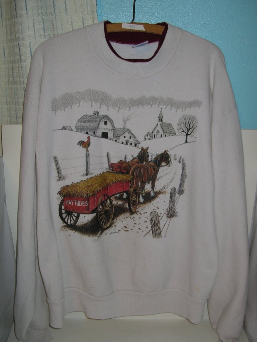 Women's Beautiful White Winter Scene Horses Sweatshirt Jerzees Large 40